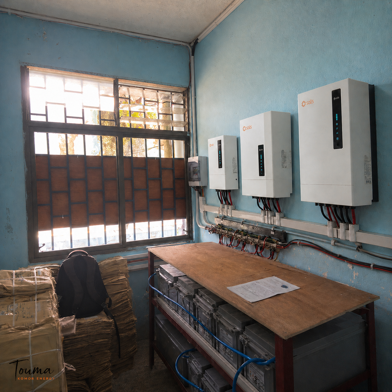 Salle technique solaire avec onduleurs et batteries